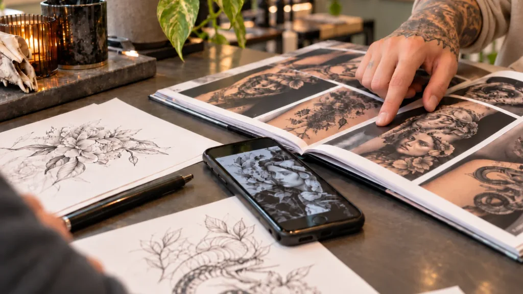 Tattoo-Beratung mit Motivvorlagen, Skizzen und Smartphone im Tattoostudio