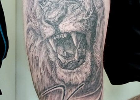 realistisches black & grey löwen tattoo von tätowierer lutz